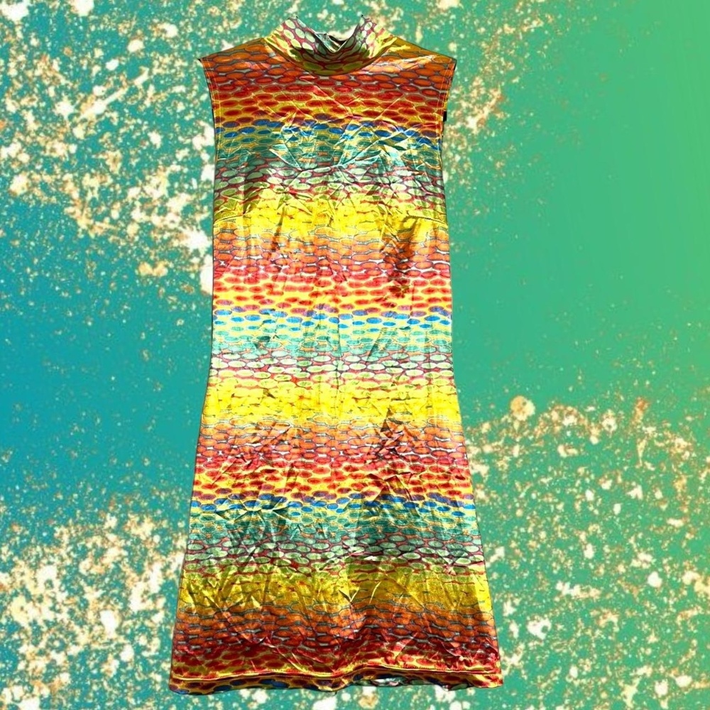 90s neon multi colored pattern mini dress with a high neck, slips on.